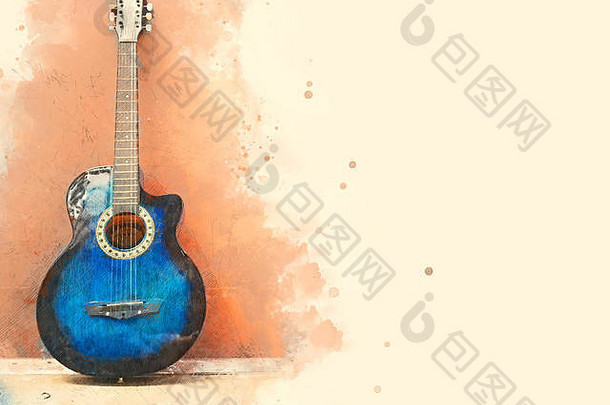 抽象优美的原声吉他在前景上以水彩画为背景，以数码插画为画笔进行艺术创作。