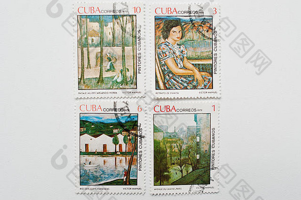 乌日哥罗德乌克兰约集合邮资邮票印刷古巴显示古巴人画家作品约