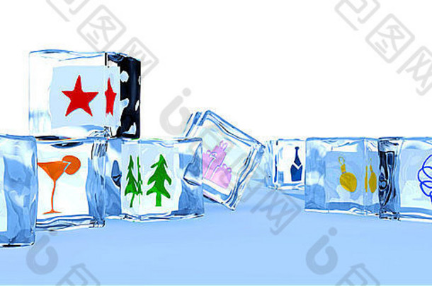 白色背景上的一组冰块，内有新年和圣诞节的象征