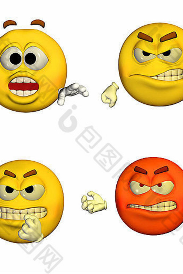 一组四（4）个表情符号/笑脸的插图，在白色背景上有不同的姿势和表情-2of9