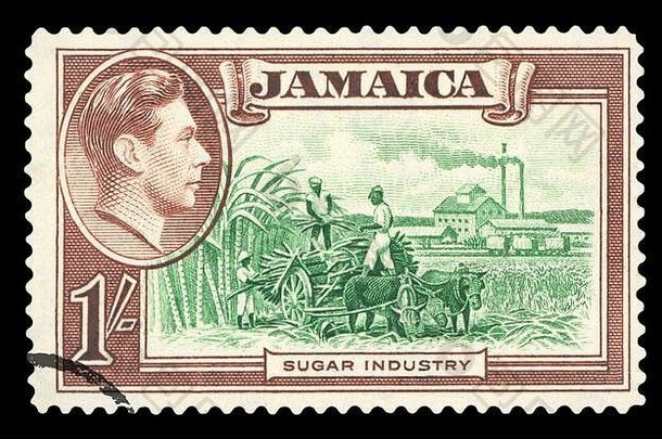 牙买加——大约1981年：牙买加印刷的一枚邮票显示了世界粮食日，糖业，大约1981年