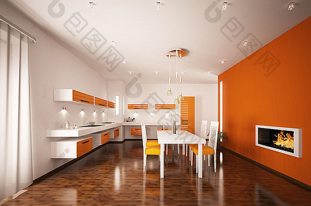 带有壁炉3d渲染的现代橙色厨房内部