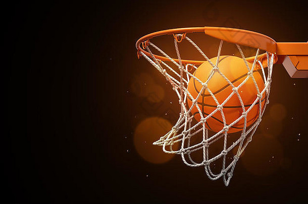在黑暗背景下对网络中的篮球进行3d渲染。