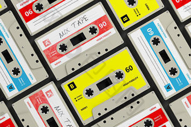 20世纪70-80年代的派对音乐。复古录音带背景、横幅。三维插图