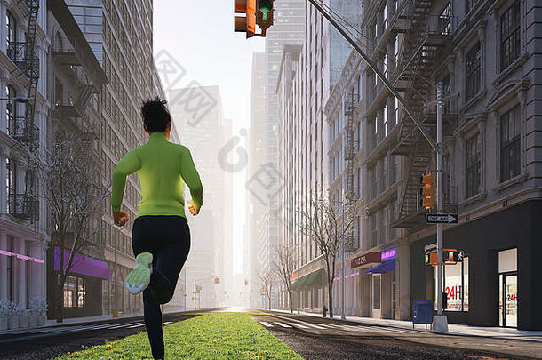 年轻的女人慢跑街道城市绿色带呈现