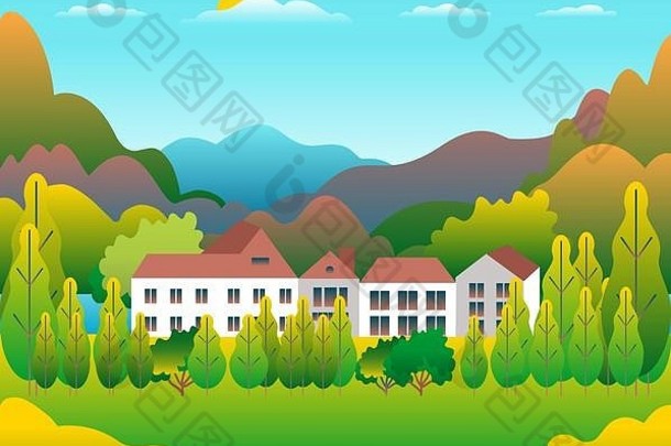 山山景观房子农场平风格设计户外全景农村插图绿色场树森林蓝色的天空太阳