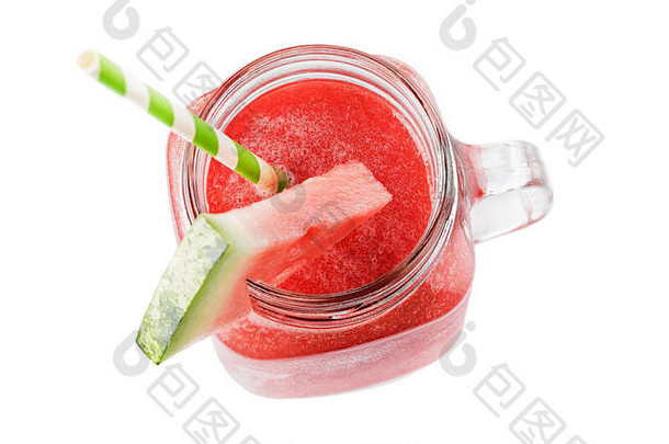 冰沙煮熟的成熟的西瓜玻璃Jar水果孤立的白色背景前视图
