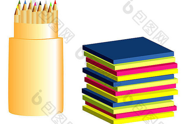 彩色纸和铅笔分开放在白色纸上