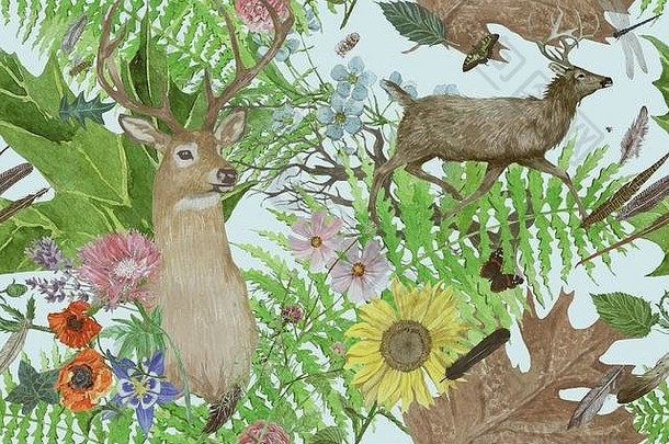 无缝水彩图案，带有鹿、花、羽毛、叶子。