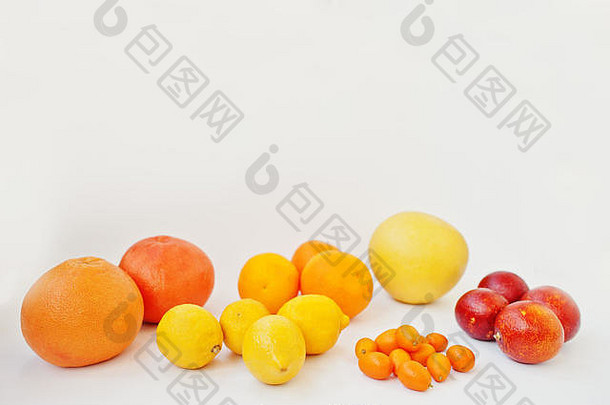 类型柑橘类异国情调的<strong>水</strong>果金橘橙色柠檬血<strong>西西</strong>里橙色葡萄<strong>柚</strong>孤立的白色背景健康的吃