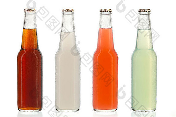 各种各样的苏打水瓶不含酒精的饮料水滴