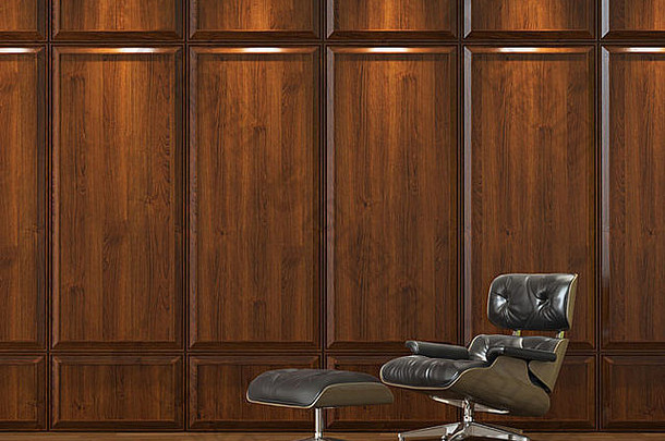 深色木质复合墙的室内设计，配有舒适的真皮沙发