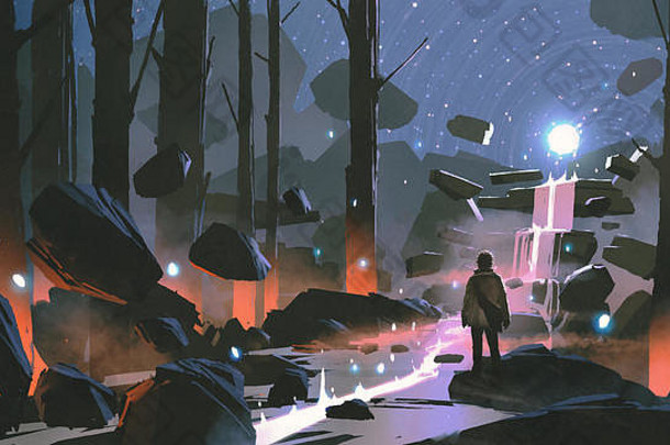 在迷人的森林中，男人看着漂浮在瀑布上方的发光的光球，数字艺术风格，插图绘画