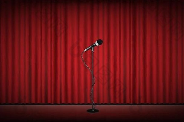 红色窗帘背景的舞台话筒