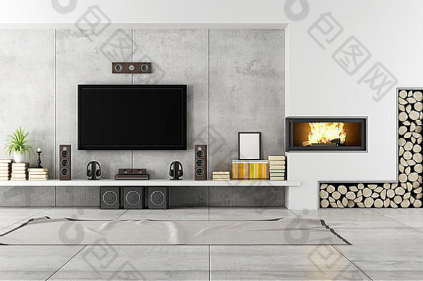 带电视和壁炉的现代客厅-渲染