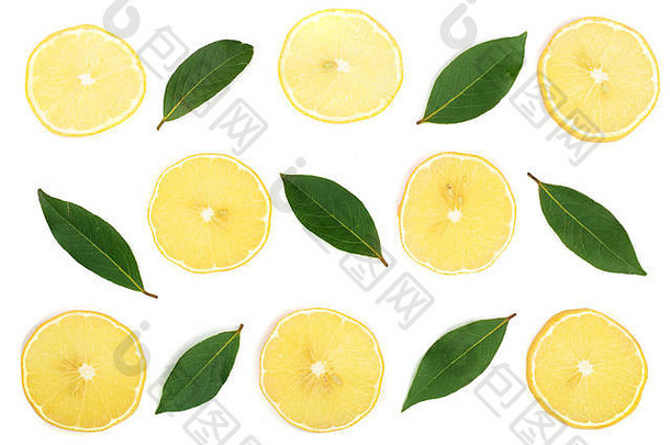 柠檬切片，叶子在白色背景上分离。平面布置，俯视图