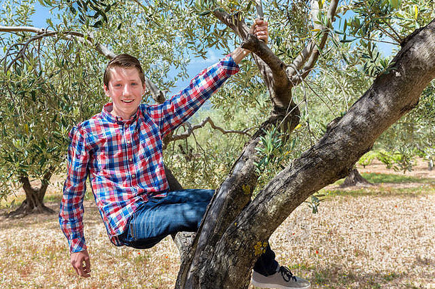 欧洲十几岁的男孩坐着挂橄榄树