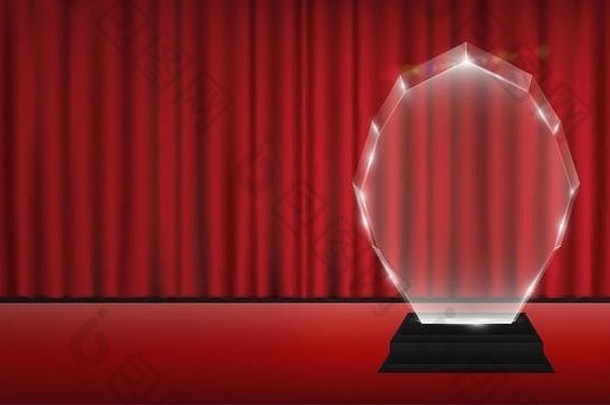 真实3d透明亚克力奖杯，红色窗帘舞台背景