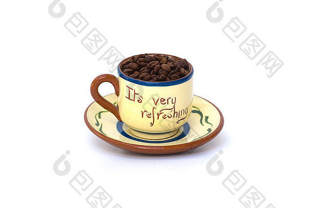 杯完整的新鲜的<strong>咖啡</strong>豆子座右铭器皿杯飞碟让人耳目一新