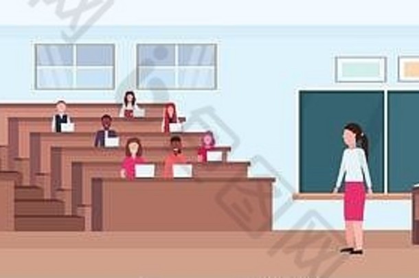 学生们坐在课桌旁，听老师在礼堂、演讲厅、剧场、室内、现代大学教室里，有一排排的座位和座位