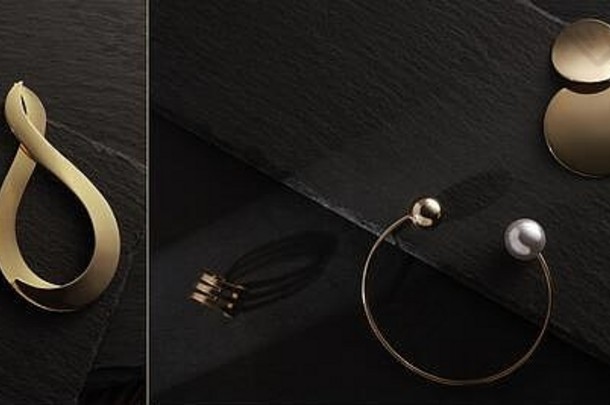 阳光现代设计金耳环一对金手镯环石头表面