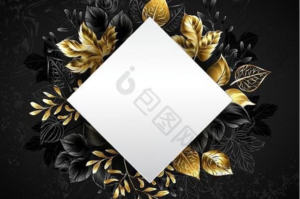黄金秋天珠宝叶子白色横幅形状菱形黑色的变形背景