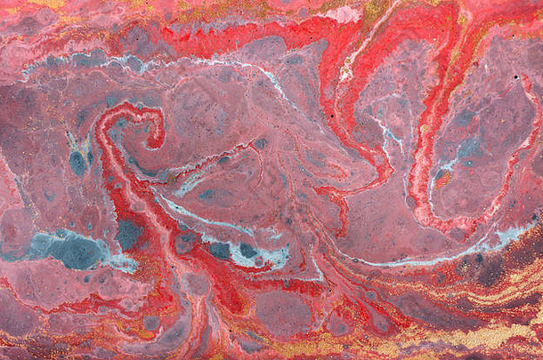 大理石抽象丙烯酸背景。粉色和蓝色大理石花纹艺术品纹理。玛瑙波纹图案。金粉。