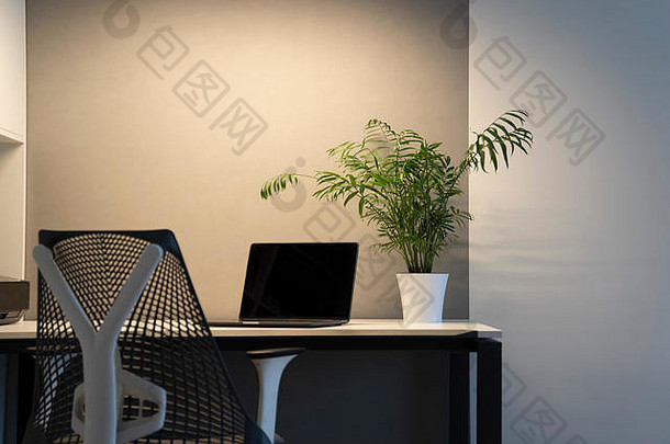 办公室室内骨科椅子现代移动PC办公室设备表格绿色植物能桌子上人工照明