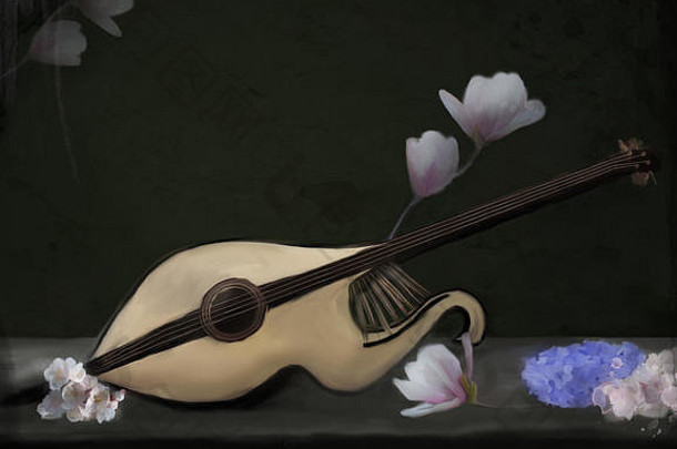 带有大提琴和鲜花的浪漫超现实静物画