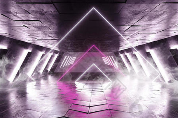 烟雾烟雾霓虹灯发光三角形科幻未来主义俱乐部舞蹈复古外星人飞船走廊隧道白色紫色瓷砖反光G