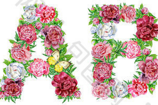 水彩花的单词BABY，白色背景上的独立手绘，婚礼设计，英文字母