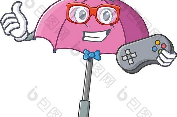 粉色雨伞吉祥物设计<strong>风</strong>格的<strong>酷炫</strong>玩家，带控制器