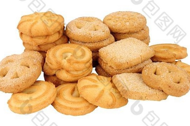 白色背景上分离的各种丹麦黄油饼干
