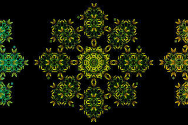 细艺术花装饰对称的分形颜色模式使宏黄色的绿色郁金香黑色的背景古董绘画风格