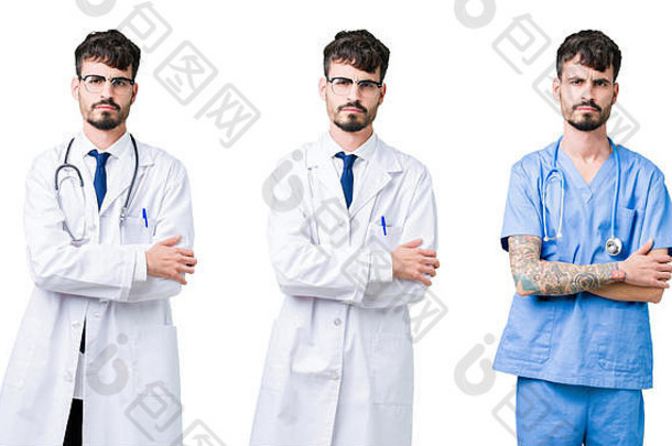 这幅拼贴画的背景是一名身穿医用外套的医生，他双臂交叉，脸上带着怀疑和紧张、不赞成的表情。负p