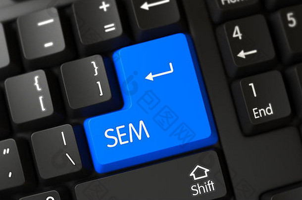 蓝色键盘键的Sem特写。3d。