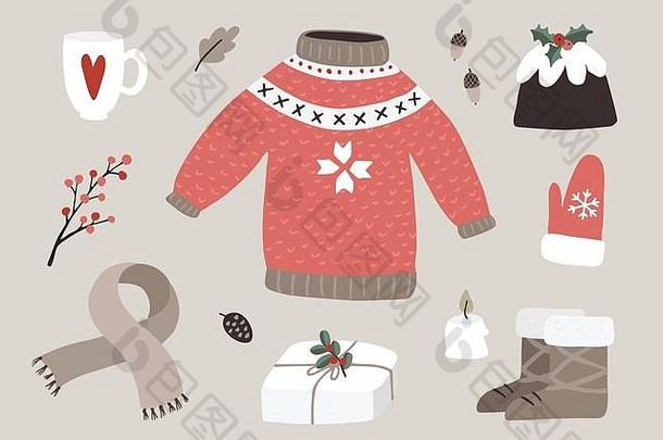 可爱的圣诞节问候卡邀请冬天至关重要的食物时尚生活方式图标针织毛衣手套靴子咖啡礼物盒子