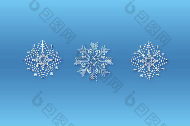 雪花圣诞设计蓝色背景。创建笔刷的三个雪花图案。雪背景。圣诞快乐。雪花卡片。冬天