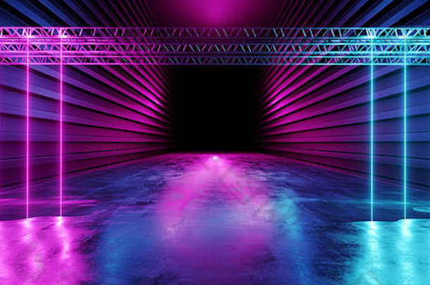 激光秀舞台霓虹灯复古现代科幻未来主义优雅未来混凝土走廊三角形形状深色空展示工作室房间车库走廊
