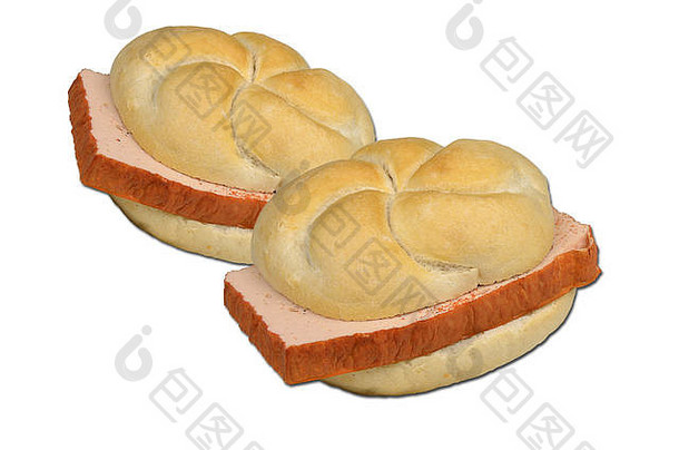 两个夹肉面包的三明治，白色背景