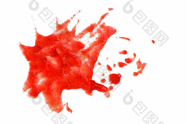 白色隔离背景上的红色斑点。血滴或飞溅物、油漆、果汁、番茄酱
