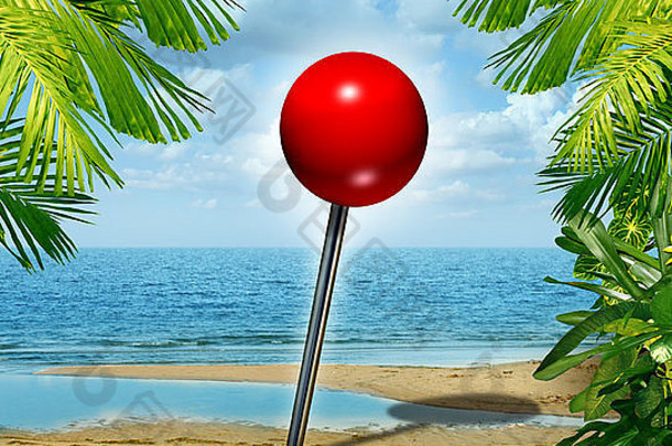 度假地点和度假旅游规划搜索概念，在热带沙滩上有一个红色的图钉，作为旅游和寻找最佳休闲度假场所的隐喻。