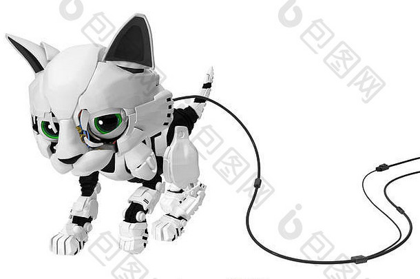 带电缆的<strong>机器猫</strong>，3d插图，水平，隔离