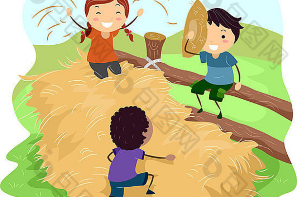 孩子们在农场玩耍的插图