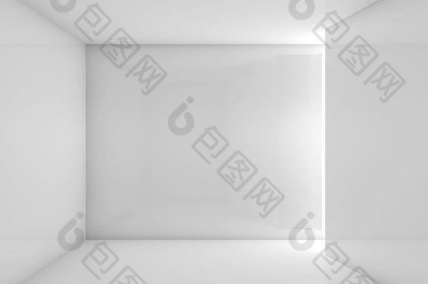 抽象的白色现代室内，一个带有柔和照明的空房间的正面视图。数字3d插图、计算机绘图