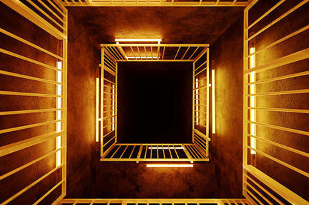 未来霓虹灯管发光科幻现代外星金属矩形结构空<strong>隧道</strong>走廊鲜艳颜色橙色背景3D渲染