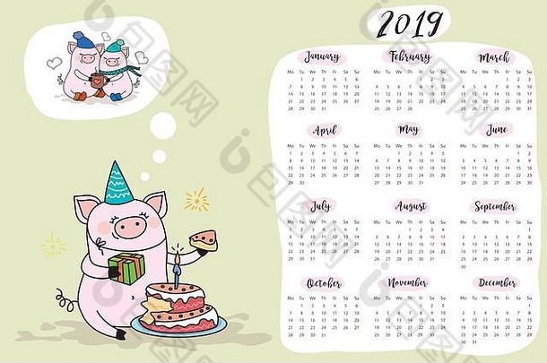 2019年日历，有有趣可爱的猪，猪肉象征新年