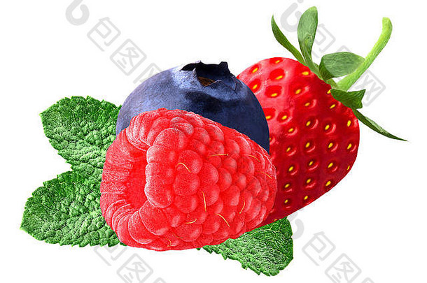 新鲜的浆果薄荷叶子孤立的白色背景成熟的甜蜜的草莓树莓蓝莓