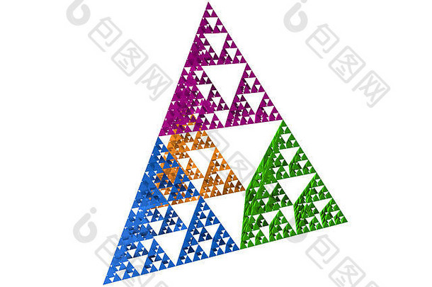 蓝色的绿色黄色的紫色的sierpinski三角形白色背景分形形状等边三角形三角形细分