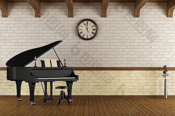 空荡荡的老式房间里的大钢琴-渲染